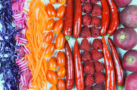 蔬菜和水果本底健康生活食品各种新鲜果子橙红色和紫混合选择辣椒胡萝卜图片
