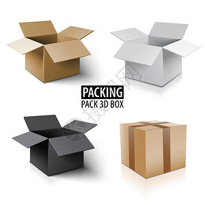 盒式包装箱有易碎矢量说明的邮政标志不同大小包装棕色箱盒式3d箱装有易碎的邮寄标志不同大小包装箱一组白色背景的封闭和打开纸板盒图片
