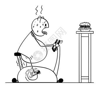 矢量卡通棒图绘制脂肪或超重男子骑着自行车或固定运动或骑着固定自行车并观看汉堡的概念图健康生活方式概念矢量卡通显示胖或超重男子骑着图片
