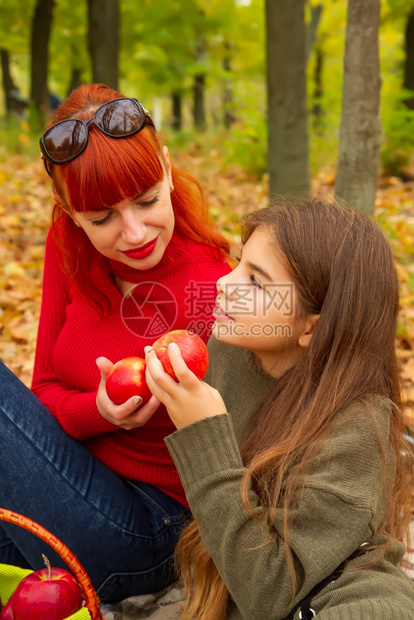 身穿明亮毛衣的年轻母亲和女儿在大自然野餐上吃苹果图片