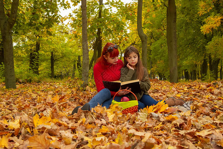身穿明亮毛衣的年轻母亲和女儿在大自然野餐上一起阅读本书图片