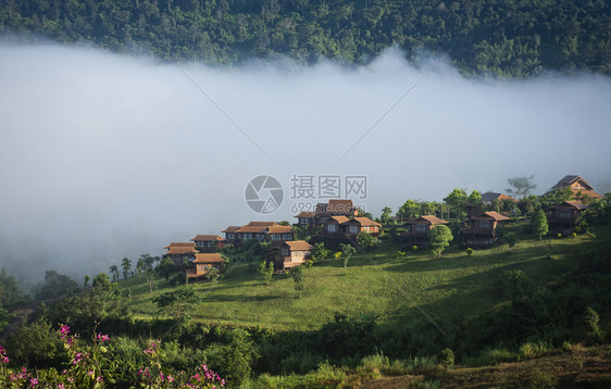 Hailand村Thailand有雾的地貌山上有雾的森林山上有树木和房屋冬季早自然见山上雾的房屋图片