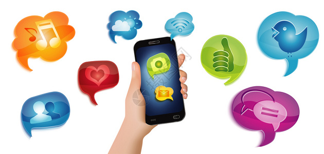 概念社交媒体孤立应用程序图标App符号数字界面全球网络社区共享信息多媒体演讲泡沫与移动电话手图片