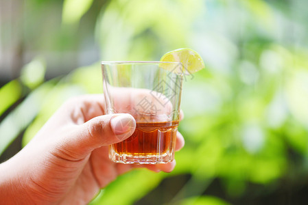 手持威士忌杯或酒含柠檬和自然绿色背景的酒杯手男子图片