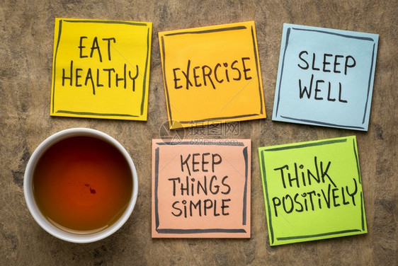 健康的生活方式和福利概念一套鼓舞人心的提醒说明加上一杯茶吃健康锻炼渗水井简单积极思考图片