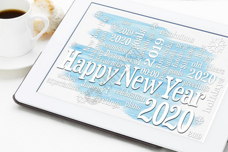 20年新快乐数字平板上的云加一杯咖啡贺卡图片