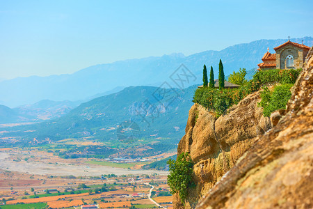 希腊Meteora和Thessaly山谷的岩石上圣史蒂芬修道院希腊风景复制空间融合图片