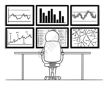矢量卡通插图绘制男人或商坐在墙上安装的六台计算机显示器前的概念图分析表和市场数据图片