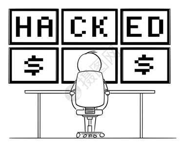 矢量卡通插图描绘一个人或商坐在墙上安装的六台计算机显示器面前并观看黑客文本的概念说明网络犯罪概念矢量卡通插图说明人或商坐在墙上安图片