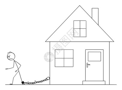 矢量卡通棒图绘制被铁链绑在家中的人概念说明住房或抵押费用的概念矢量卡通显示被绑在家中的人情况住房或抵押费用的概念图片