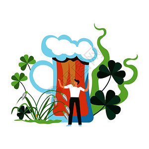 爱尔兰人节日圣帕特里克爱尔兰病媒节日男人站在大杯边喝着啤酒上面是泡沫树叶上的假象征着所有人的好运和繁荣爱尔兰人民的节日爱尔兰图片