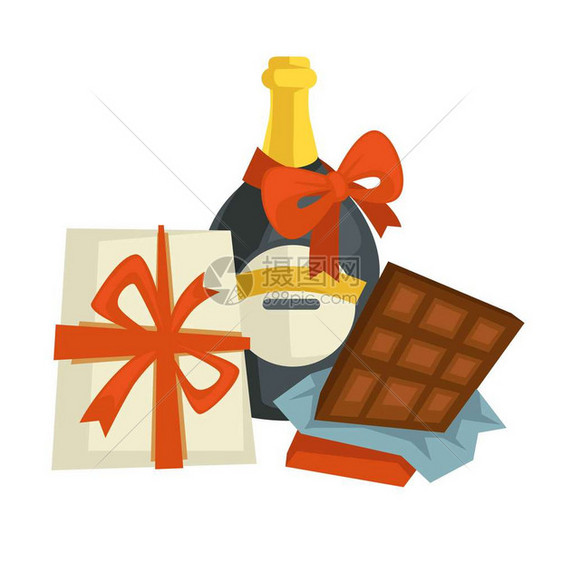 礼物和装有丝带的礼品盒葡萄酒瓶香槟精饮料和巧克力圣诞节庆祝活动装有袋矢量的xma礼物装有袋载量的xma礼物图片