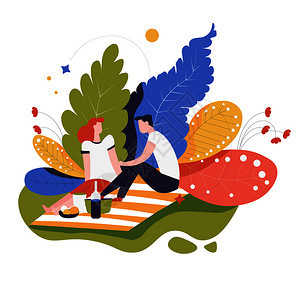 大自然灌木丛男孩和女孩坐在草地的餐垫上野餐矢量插画图片