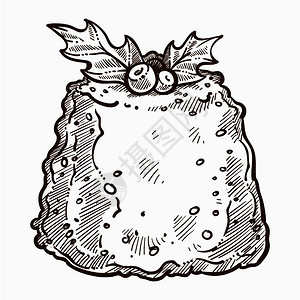 甜食烘烤蛋糕装饰着有叶和果浆病媒单色素描草图传统圣诞节甜点庆祝冬季节日餐菜冻霜甜食烤蛋糕装饰着寄生虫植物图片