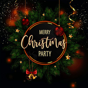 圣诞快乐派对邀请海报配有主要信息矢量特别嘉宾和晚间节目免费饮料松树长青枝和baubles面条和象征玩具装饰图片