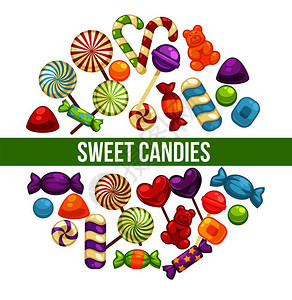 甜食或糖果店的和焦甜食海报果酱熊棒糖软果和甘蔗的矢量图标甜食或糖果店的和焦甜食海报图片