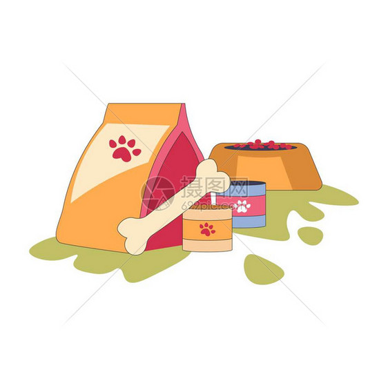 食物碗包和骨罐餐孤立的象牙狗和猫干燥的营养食品家畜喂用动物饲肉类口味和病媒孤立的象牙图片