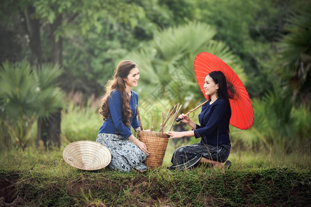 生活在年轻女孩着装部落的亚洲种植稻田女农民美丽妇女欢笑微肖像在农村庄中拿着红伞和收割农业篮子图片