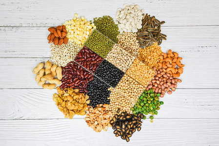 豆类和种子果仁多彩小吃背景最佳观点各种豆类混合子种植天然健康食品作为烹饪原料的豆类图片