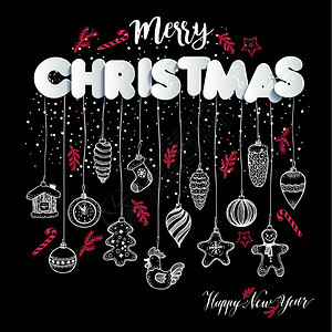 新年玩具手画在黑色的红弓和雪上圣诞节的矢量贺卡图片
