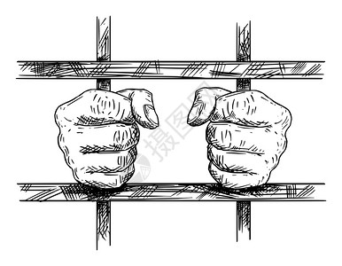 监狱风云囚犯用铁棍在牢房中电动黑白手画插画