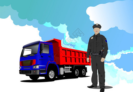 卡车的矢量说明红色蓝卡车和警察图片