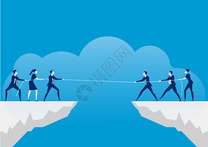 雁荡山悬崖峭壁冲突概念商人在悬崖边拉绳子商业竞争和蓝背景插画