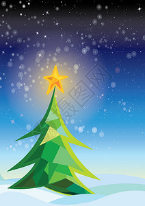 圣诞树装饰黄星光雪冬松树野外自然背景圣诞快乐和夜晚新年矢量插图图片