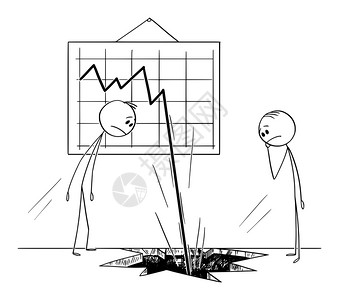 矢量卡通插图绘制了两个商人的概念插图他们观看的两名商人跌落业图表或然后在地上或板敲一个洞图片