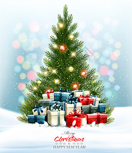 假日背景有丰富多彩的礼物圣诞树有加兰矢量图片