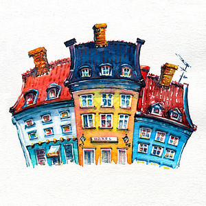 丹麦首都哥本哈根老城的Nyhavn港口的古老房屋彩色外表丹麦哥本哈根Nyhavn的水彩色草图图片