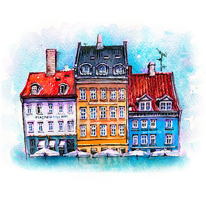 丹麦首都哥本哈根老城的Nyhavn港口的古老房屋彩色外表丹麦哥本哈根Nyhavn的水彩色草图图片
