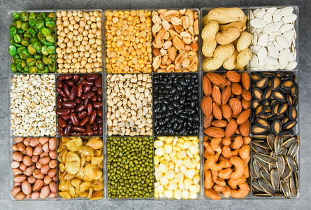豆类和种子坚果多彩味零食料理背景各种豆类混合子天然健康食品作为烹饪原料的农业图片