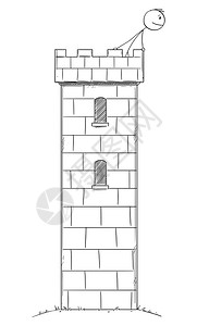 矢量卡通图绘制人类或商在望线危险和机的塔内或城堡藏身的安全概念说明矢量卡通说明人或商在城堡塔楼内隐藏安全或威胁危险和机图片