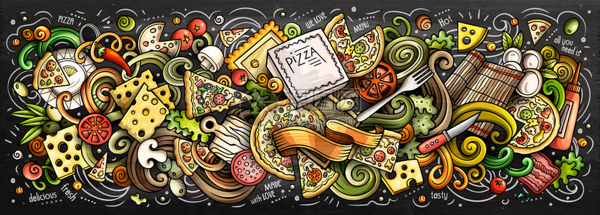 披萨手画卡通涂鸦插图皮兹拉滑稽物品和元素设计创意艺术背景色彩多的