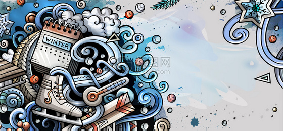 冬季手绘制了涂鸦横幅卡通详细传单冷季对象和符号插图形矢量设计元素背景卡通详细传单图片