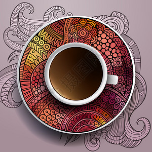 向量插图用一小杯咖啡和手在碟子背景上画装饰品图片