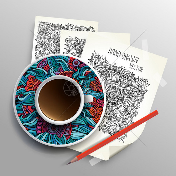 草图概念构想的咖啡杯矢量插图现代模板设计图片