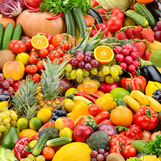 整理新鲜的美味蔬菜和水果天然的明亮背景图片