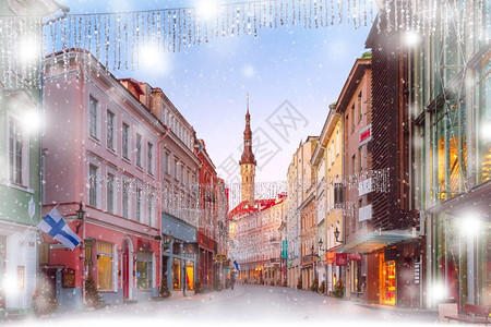 清晨蓝色爱沙尼亚塔林中世纪老城和市政厅美丽明亮的街道爱沙尼亚塔林老城上午街道图片