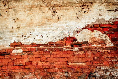 旧红砖墙纹理背景有水泥建筑老旧风格损坏的裂缝石膏背景图片