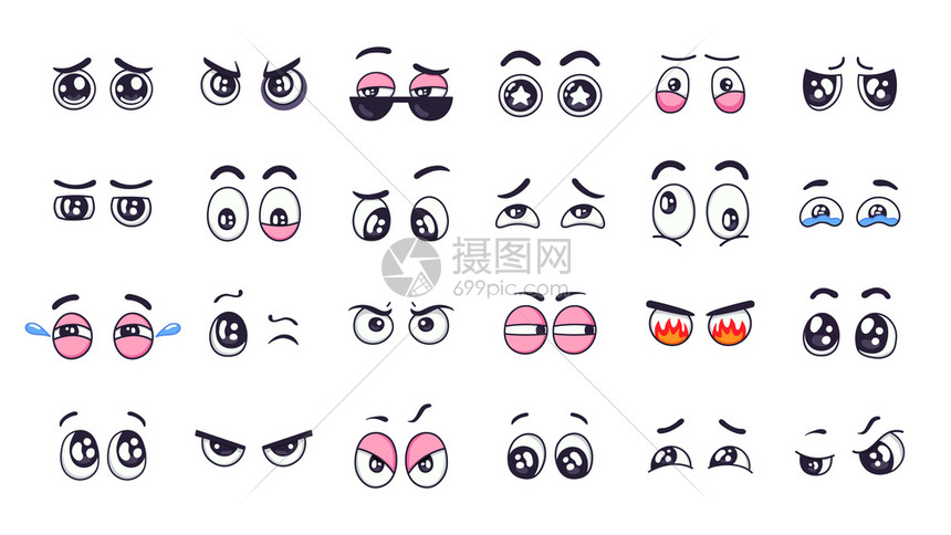 卡通眼睛漫画有趣的表情眼和各种感哭泣的眼睛笑愤怒和可爱的眨眼孤立矢量图集表达的视觉盯着看卡通眼睛漫画 有趣的表情眼和各种感哭泣的眼插画图片下载 正版图片 摄图网