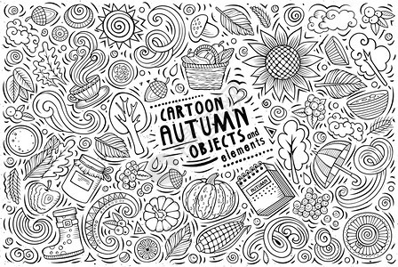 线条矢量手工绘制的横幅漫画集由秋季主题项目对象和符号组成图片