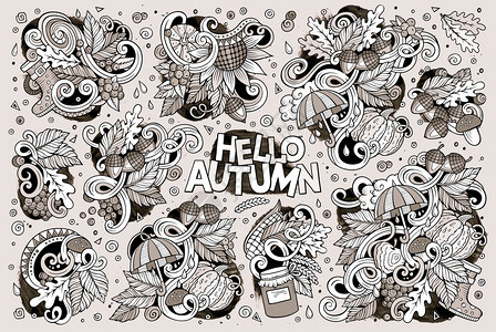 线条矢量手工绘制的横幅漫画集秋季主题项目对象和符号一系列秋季主题项目对象和符号图片