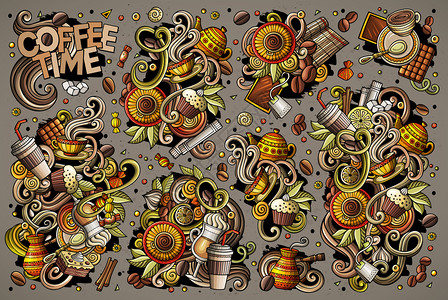 彩色矢量手工绘制的涂鸦卡通图集茶叶和咖啡主题物品和符号所有物体分开图片