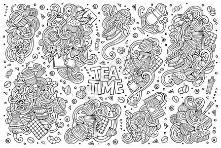 线条矢量手工绘制的涂鸦漫画包括茶叶和咖啡主题物品和符号图片