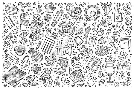 线条矢量手工绘制的涂鸦漫画包括茶叶和咖啡主题物品和符号图片