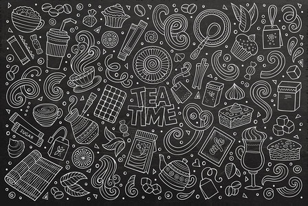 粉末板矢量手工绘制的涂鸦漫画包括茶叶和咖啡主题物品和符号图片