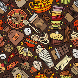 卡通手工拖制咖啡店馆茶叶甜食无缝模式许多符号物品和元素完美可笑的病媒背景图片