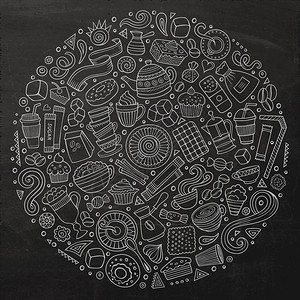 粉黑板矢量手工绘制的一组咖啡馆漫画图案符号和物品圆形构成图片